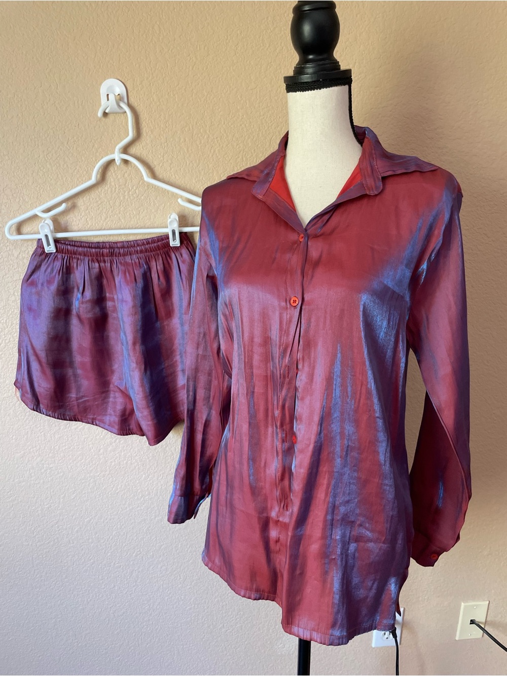 Vntg Iridescent Shimmer Button-Down Shirt & Shorts Lounge Set Copper Purple XS/S